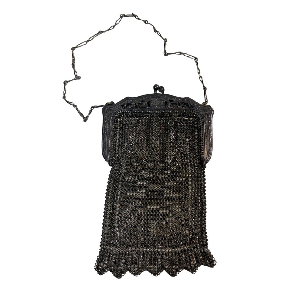 Whiting & Davis Metal Mesh‎ Purse OS Silver Ornate Floral Frame READ